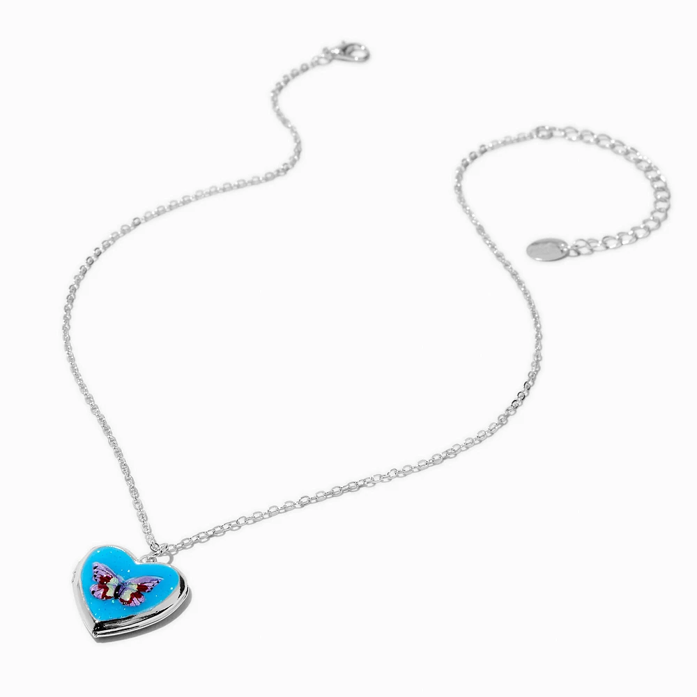 Silver-tone Glitter Butterfly Locket Pendant Necklace