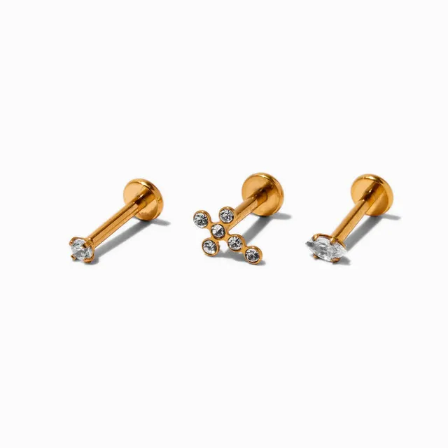 Claire's Gold-tone Titanium 16G Cubic Zirconia Cross Cartilage Stud Earrings  - 3 Pack