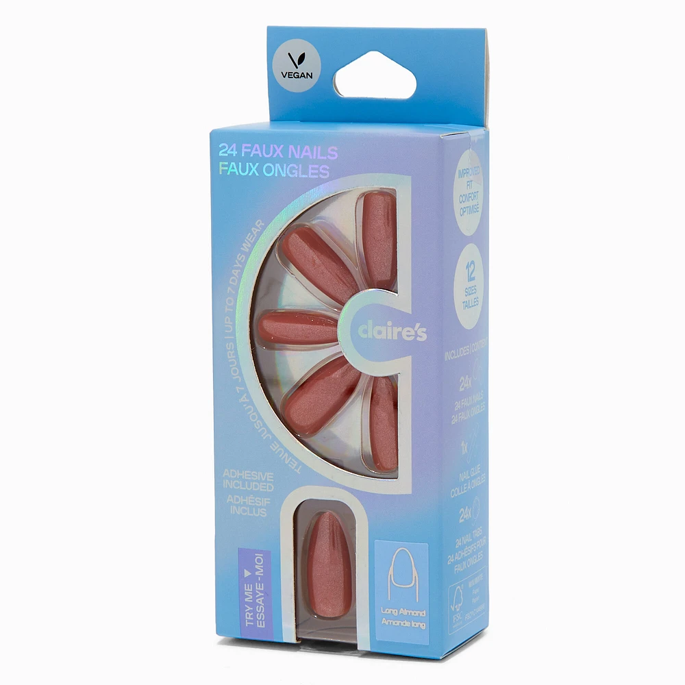 Brown Glazed Long Almond Vegan Faux Nail Set - 24 Pack