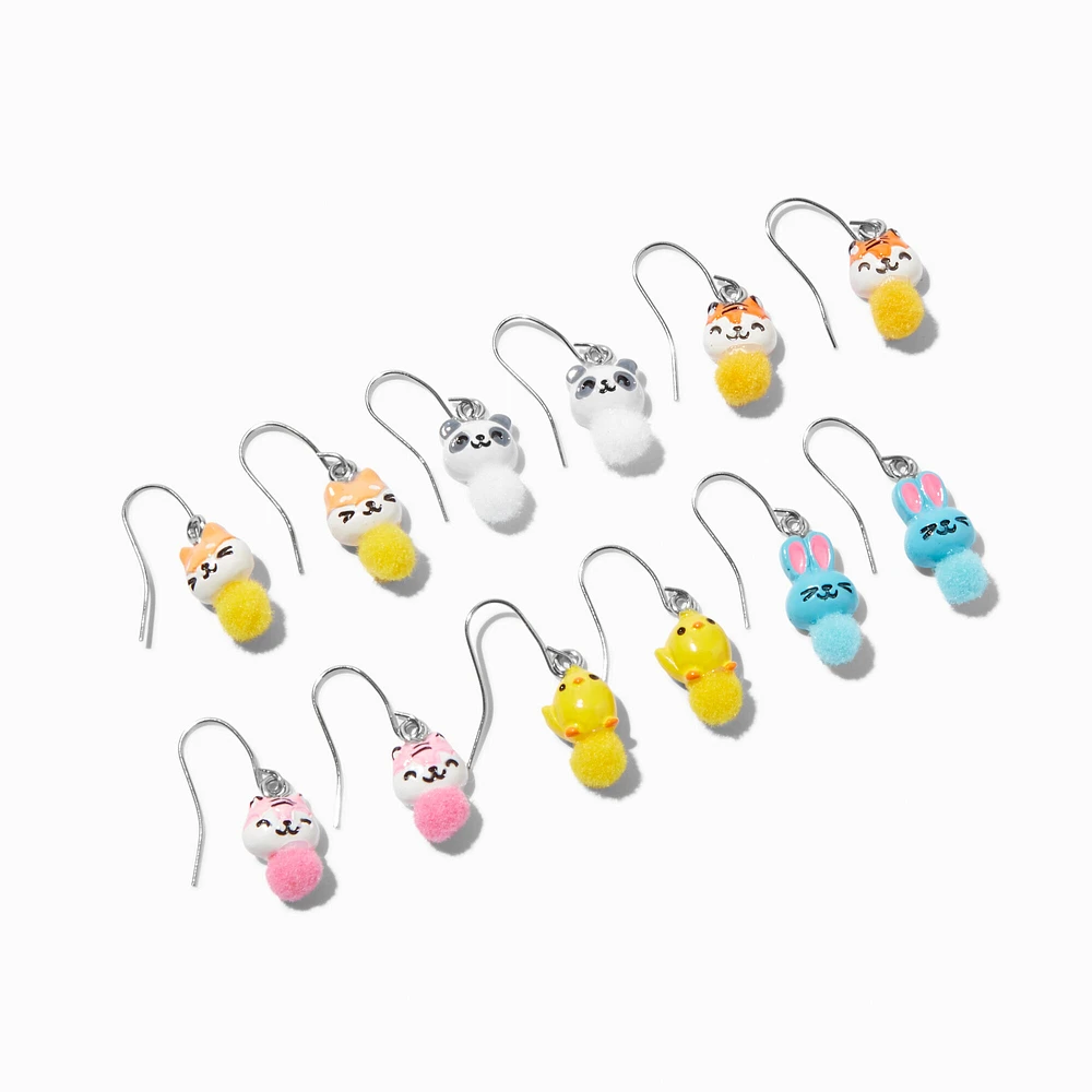 Pom Pom Animal Drop Earrings - 6 Pack