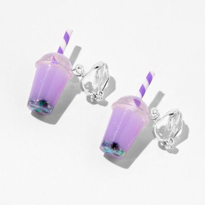 Purple 0.5" Bubble Tea Clip On Drop Earrings