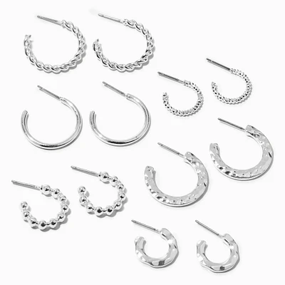 Silver-tone Textured Huggie Hoops - 6 Pack