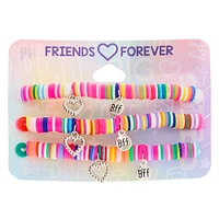 Rainbow Disc Heart Charm Stretch Friendship Bracelets - 3 Pack