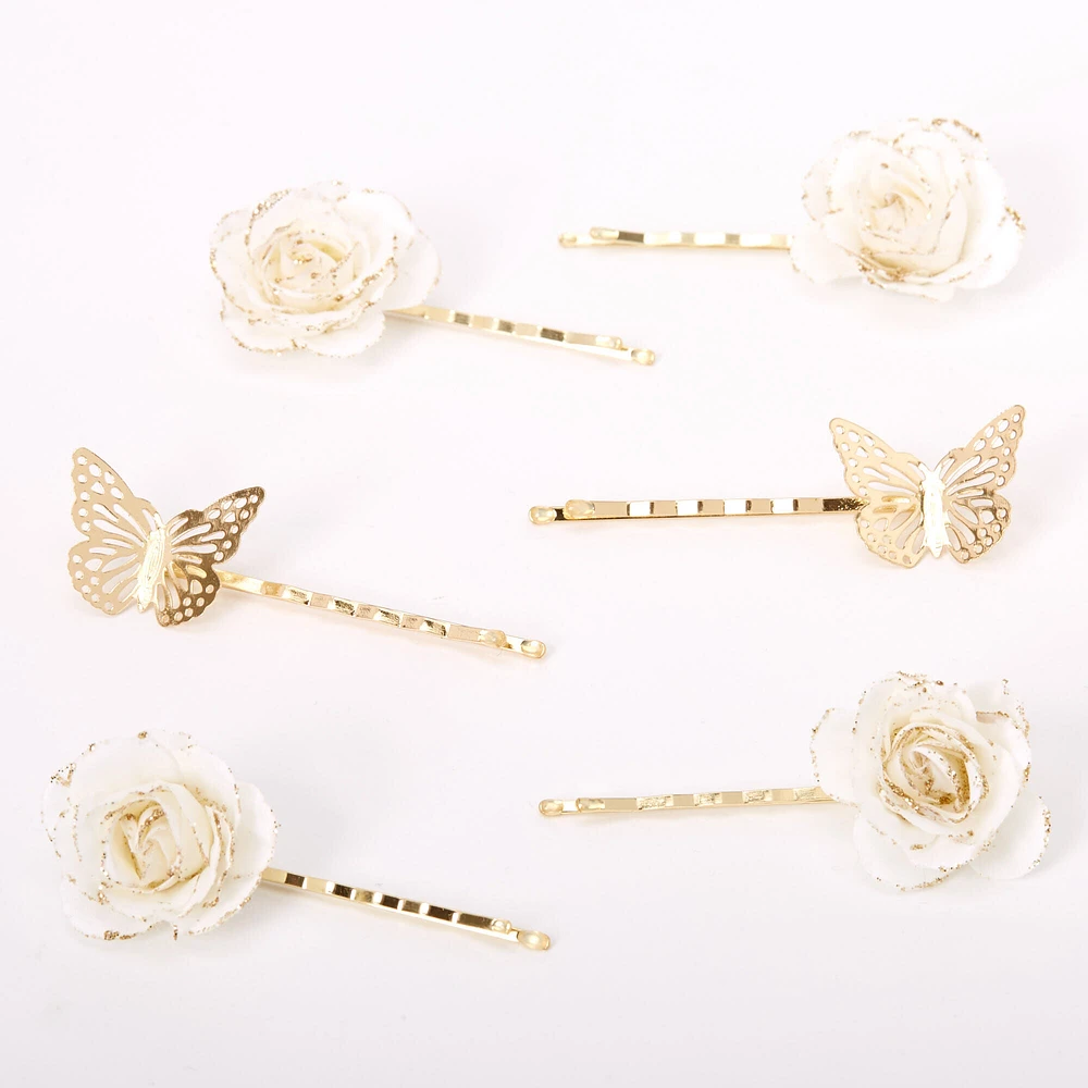 Gold Butterfly Flower Hair Pins - White, 6 Pack