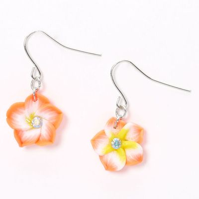 Silver 1" Hibiscus Flower Drop Earrings - Coral