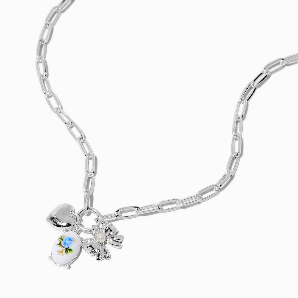 Silver-tone Blue Flower Bow Charm Necklace