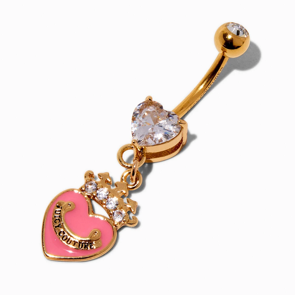 Juicy Couture Gold-tone Stainless Steel Pink Heart & Crown Dangle 14G Belly Bar