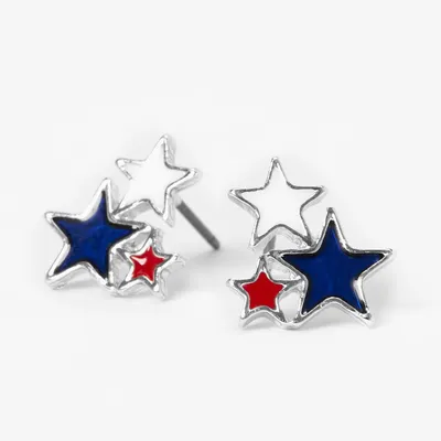 Patriotic Red, White, & Blue Triple Star Stud Earrings