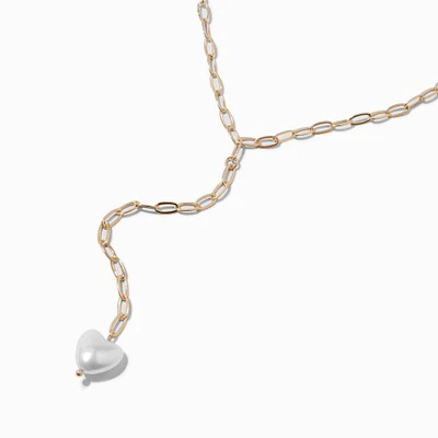 Gold-tone Paperclip Faux Pearl Heart Y-Neck Necklace