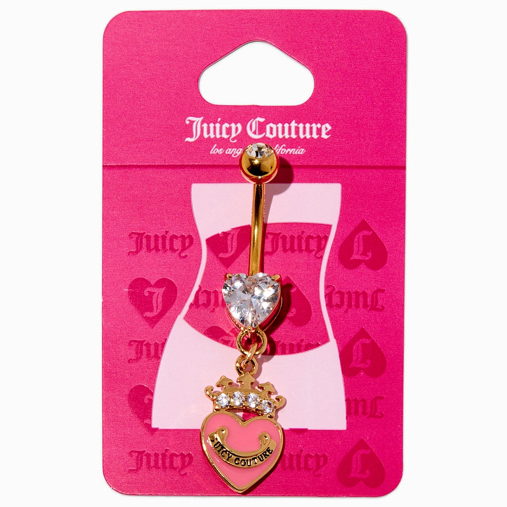 Juicy Couture Gold-tone Stainless Steel Pink Heart & Crown Dangle 14G Belly Bar