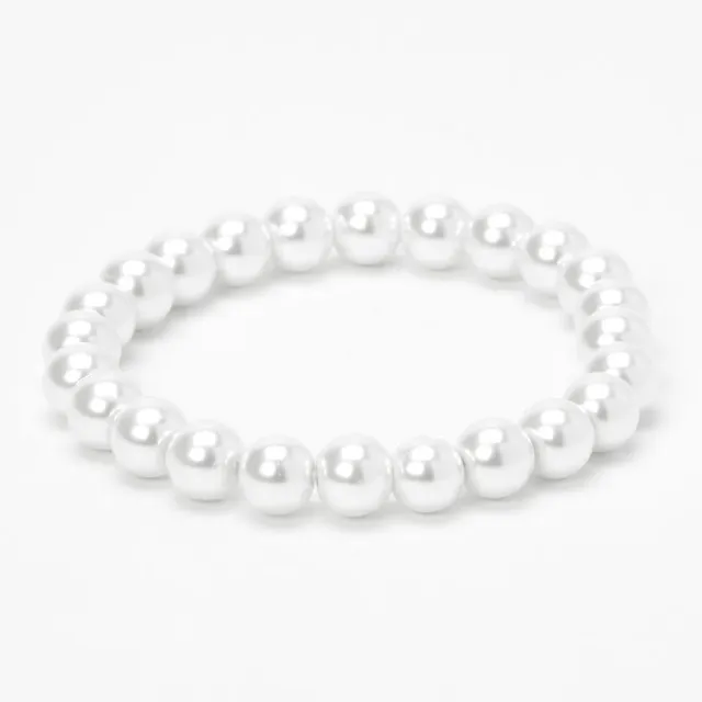 Silver Cross Beaded Stretch Bracelet - White