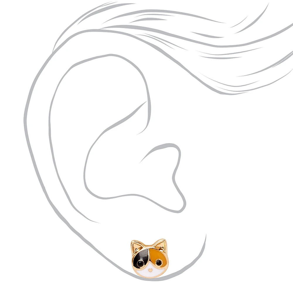 Gold-tone Calico Cat Stud Earrings