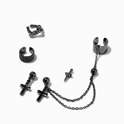 Black Sword & Cross Connector Cuff Earrings Stackables - 5 Pack