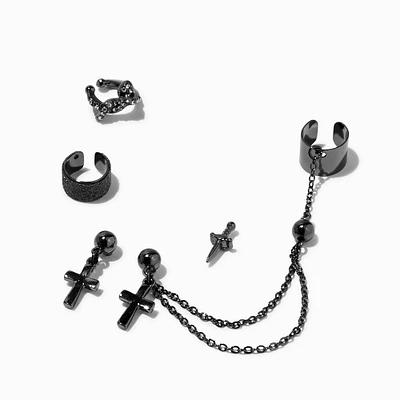 Black Sword & Cross Connector Cuff Earrings Stackables - 5 Pack