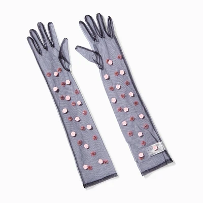 Black Sheer Rosette Long Gloves