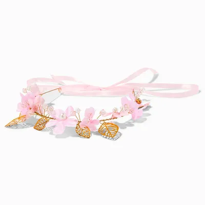 Gold Metallic Flower Crown Tie Headwrap - Pink
