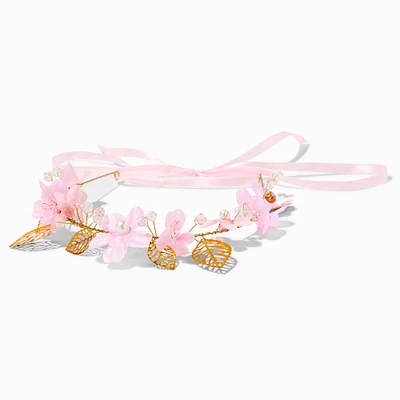 Gold-tone Metallic Leaf Pink Flower Crown Tie Headwrap