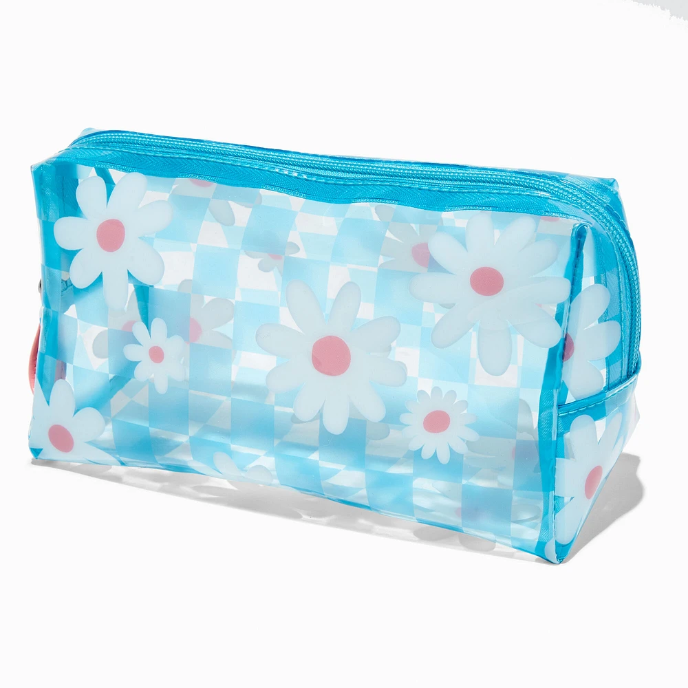 Blue Checkered White Daisy Makeup Bag