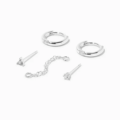 C LUXE by Claire's Sterling Silver Plated Cubic Zirconia Hoop & Stud Connector Chain Earring Set - 5 Pack
