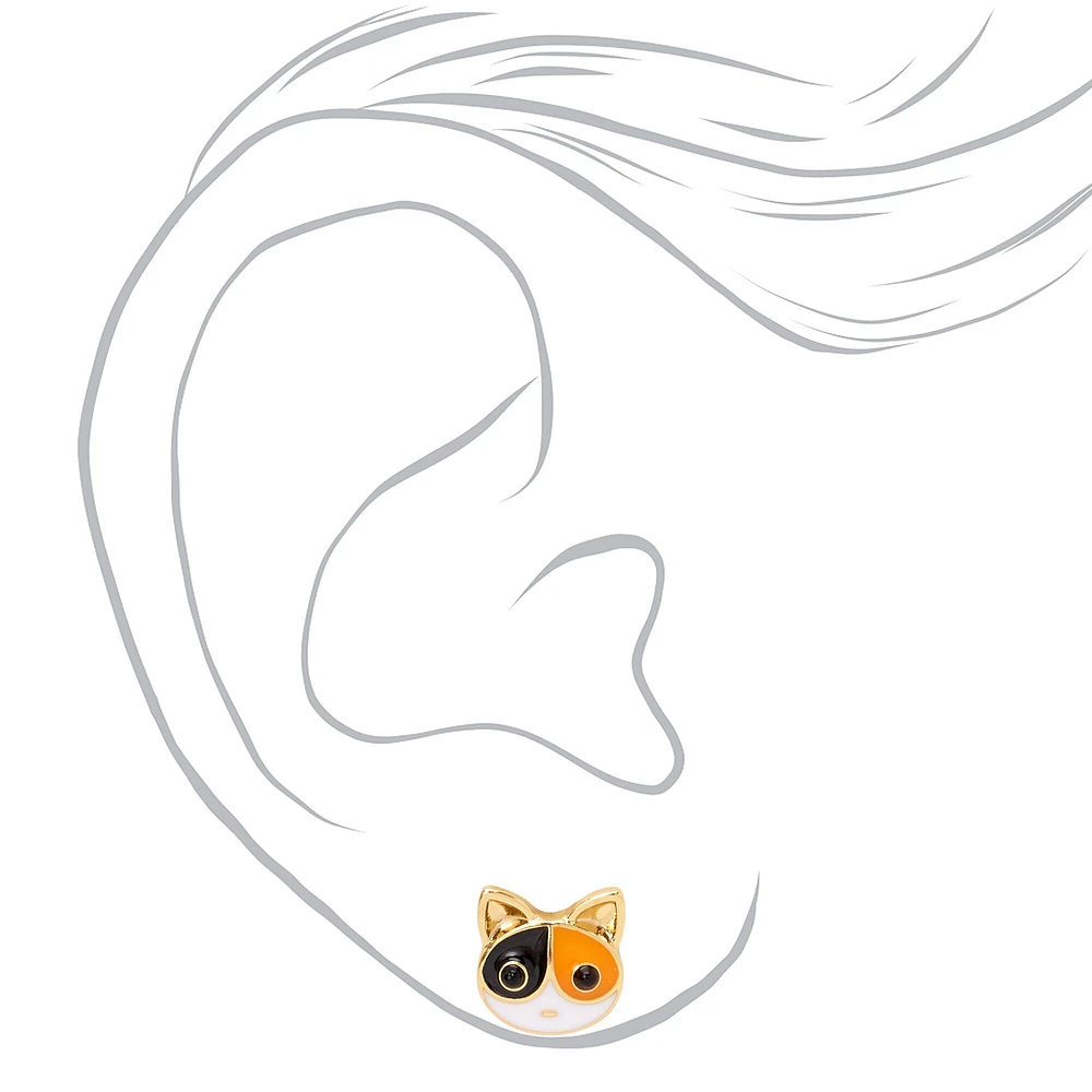 18kt Gold Plated Calico Cat Stud Earrings