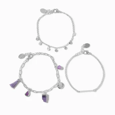 Purple Charm Silver Chain Bracelets - 3 Pack