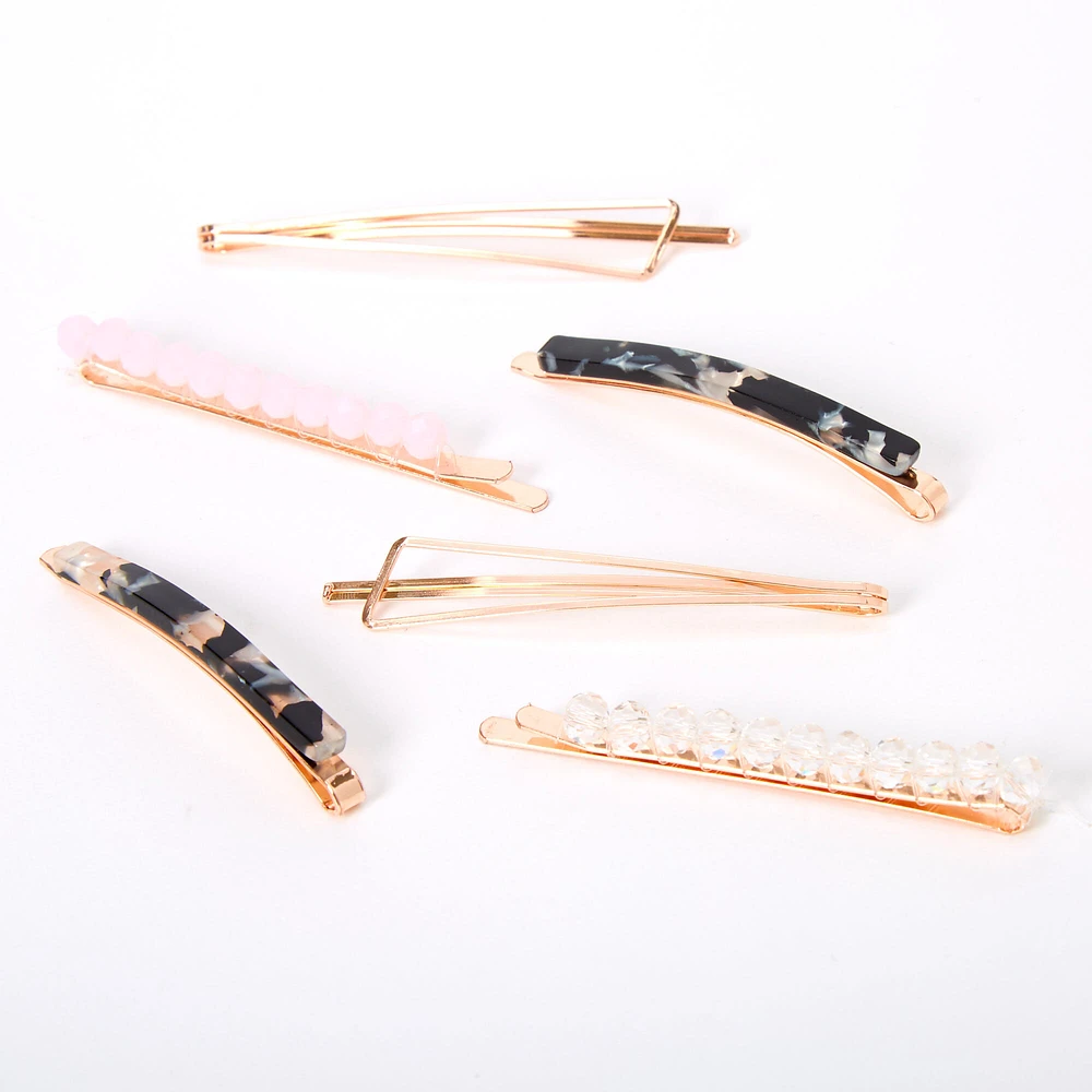 Rose Gold Beaded Tortoiseshell Hair Pins - Pink, 6 Pack