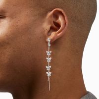 Silver 3.5" Crystal Butterfly Vine Clip-On Drop Earrings