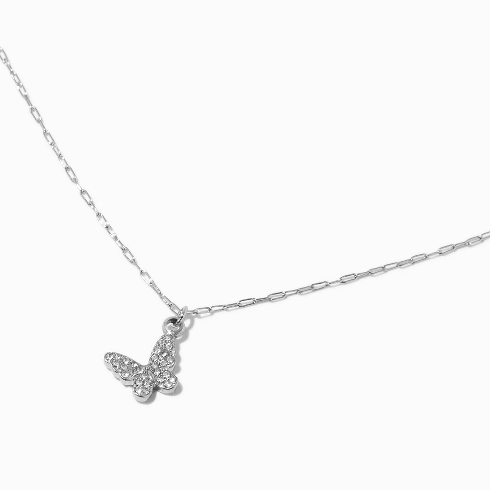 Silver-tone Stainless Steel Pave Butterfly Pendant Necklace