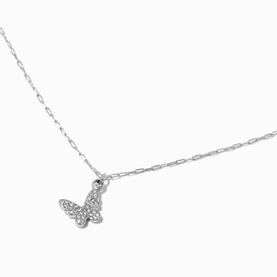 Silver-tone Stainless Steel Pave Butterfly Pendant Necklace