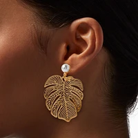 Gold-tone Monstera Leaf & Pearl Clip-On Drop Earrings