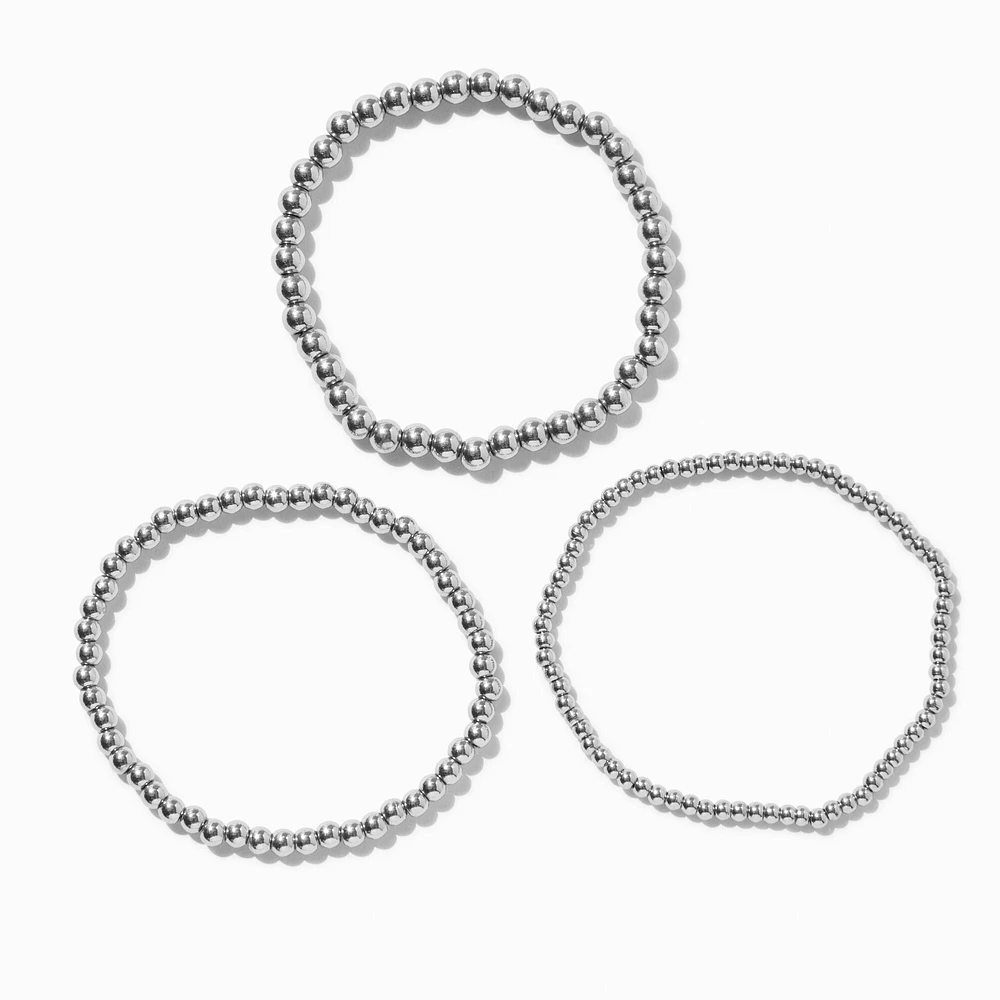 Silver-tone Stainless Steel Graduated Ball Stretch Bracelets - 3 Pack