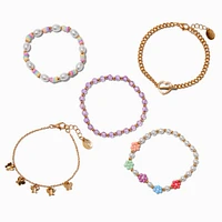 Gold-tone Heart Chain Seed Bead Bracelet Set - 5 Pack