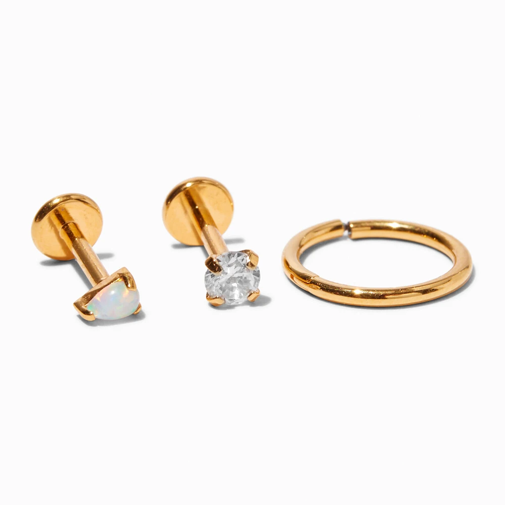 18k Gold Plated Titanium Cubic Zirconia 18G Cartilage Earrings - 3 Pack