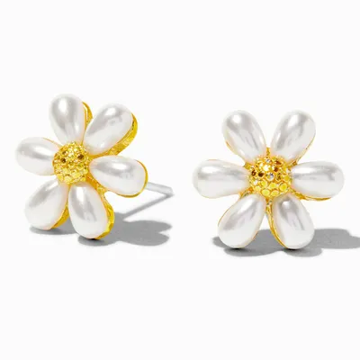 Gold Pearl Daisy Stud Earrings
