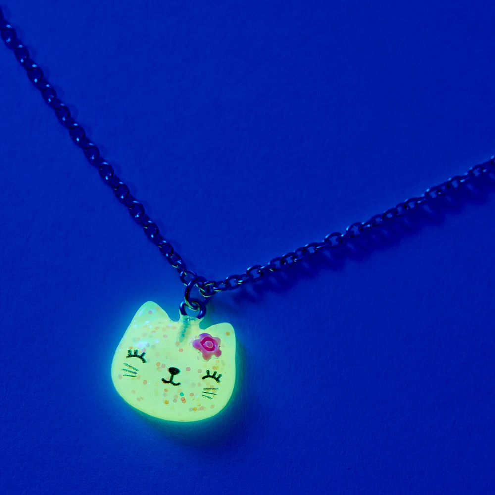 Pink Glow in the Dark Cat Head Pendant Necklace