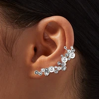 Pearl & Crystal Silver-tone Ear Crawler Earring