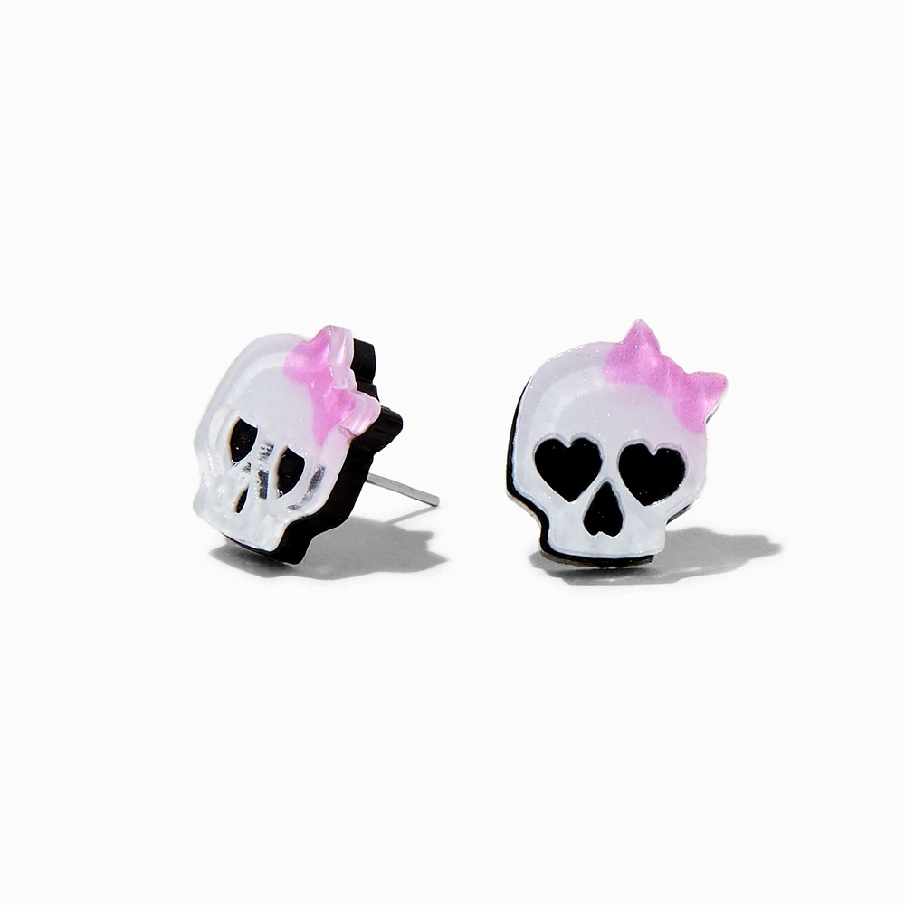 Pink Bow Skull Stud Earrings