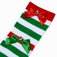 Over The Knee Green & Red Stripped Bow Socks