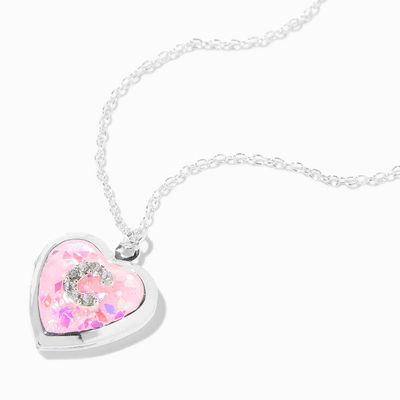Pink Embellished Initial Glitter Heart Locket Necklace (C)