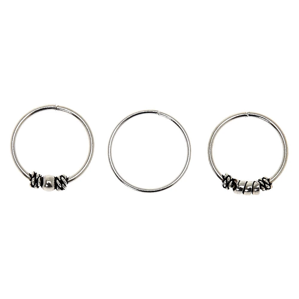 22G Sterling Silver Bali Beaded Hoop Nose Rings - 3 Pack