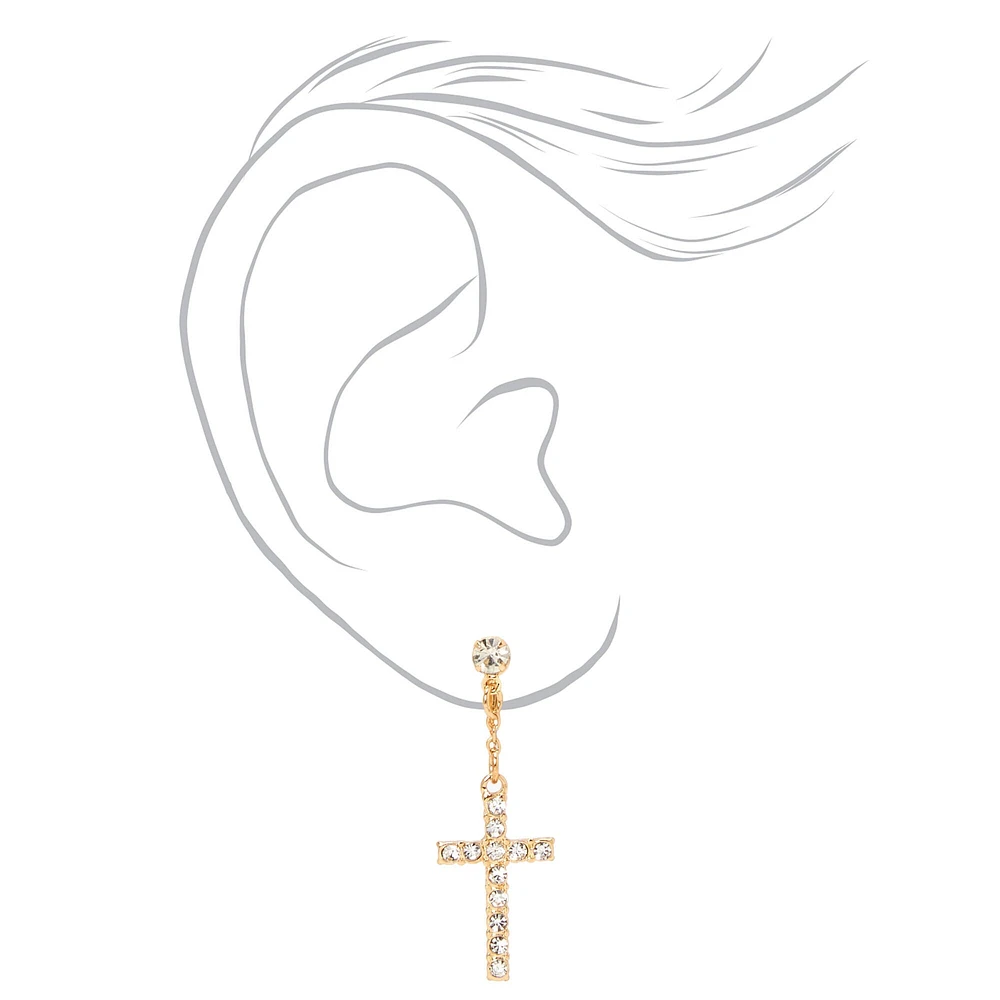 Gold-tone Crystal Cross Clip-On 1.5" Drop Earrings