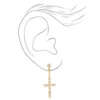 Gold Embellished Cross Clip On 1.5" Drop Earrings