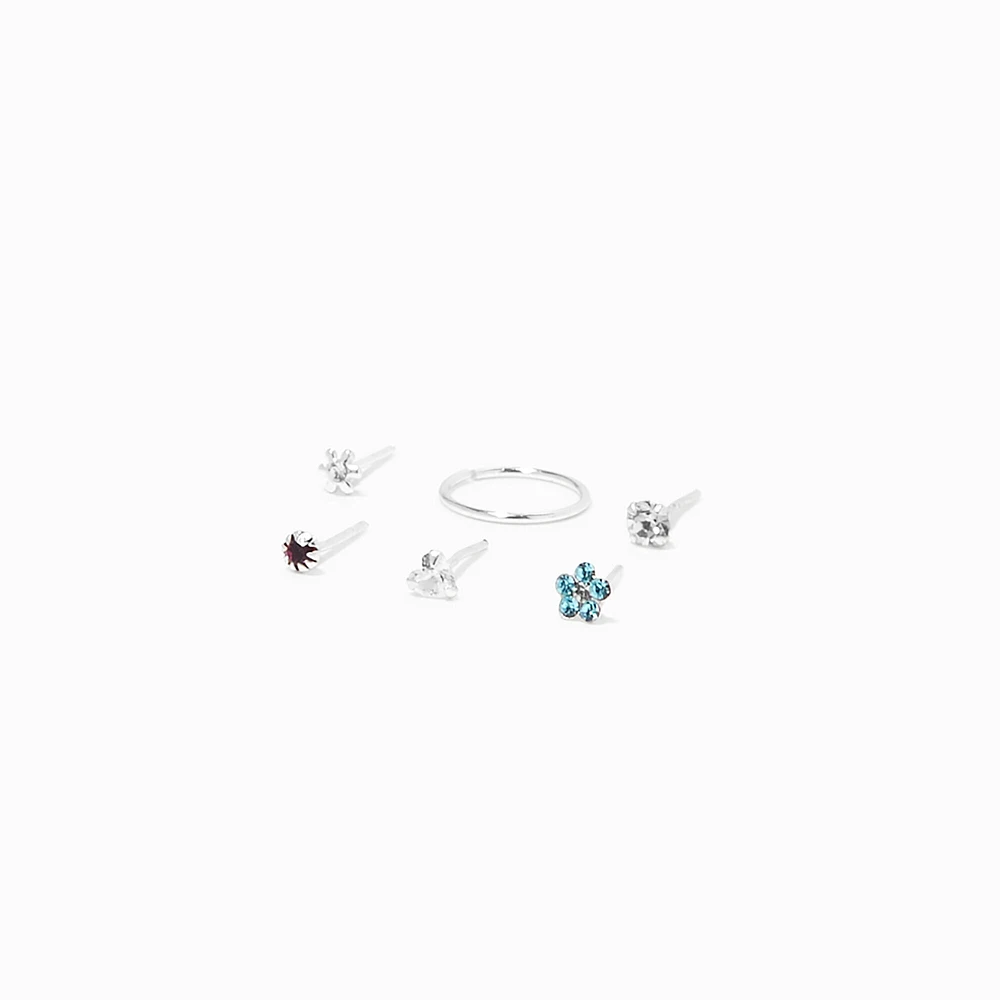 Sterling Silver 22G Daisy Heart Mixed Nose Studs - 6 Pack