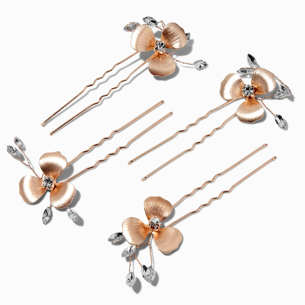 Rose Gold-tone Matte Flower Rhinestone Hair Pins - 4 Pack