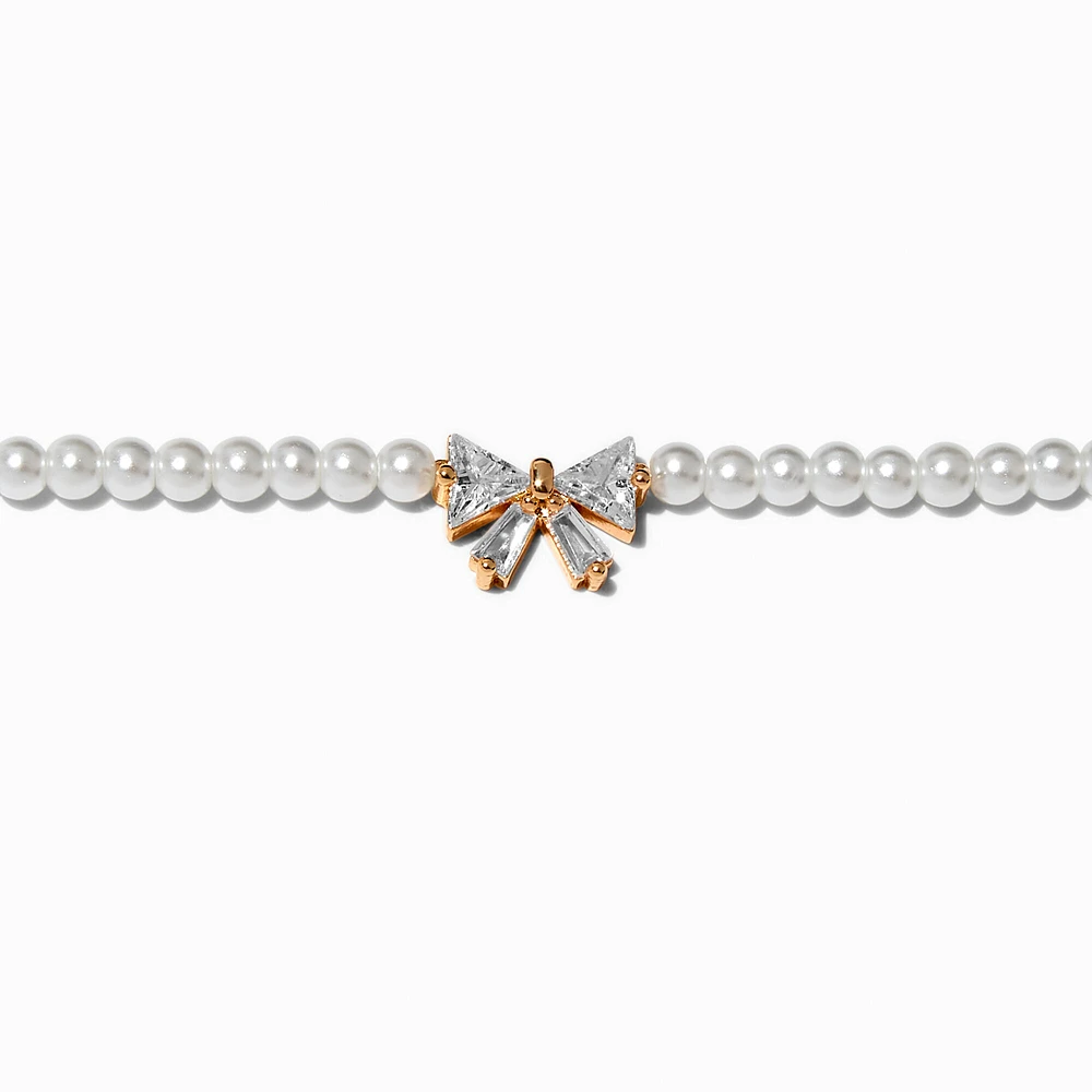 Cubic Zirconia Bow & Pearl Gold-tone Chain Bracelet