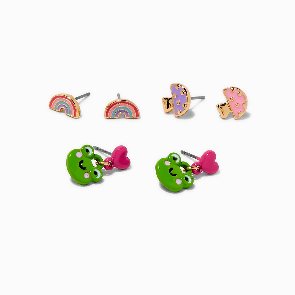 Frog, Mushroom, & Rainbow Stud Earrings - 3 Pack