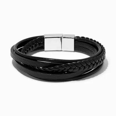 Black Leather Look Braided Wrap Bracelet