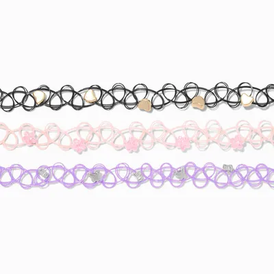 Heart & Floral Beaded Tattoo Choker Necklace - 3 Pack