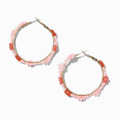 Pink Beaded Flower Hoop Earrings