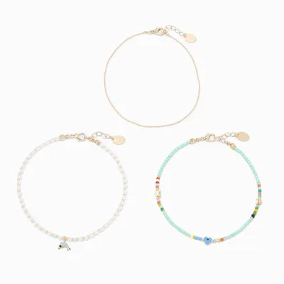 Turquoise Dolphin Beaded Chain Anklets - 3 Pack